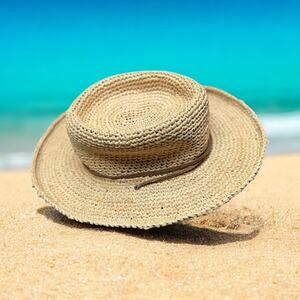 Scala Collezione Crochet Raffia Hat With Leather Trim Summer Sun Boho Beach